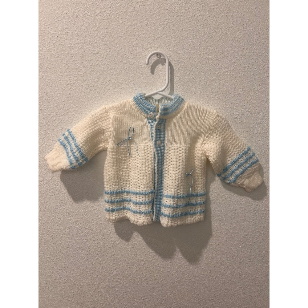 Vintage Tuti Fruiti Baby Cardigan Sweater White Blue Striped Knit Bows‎